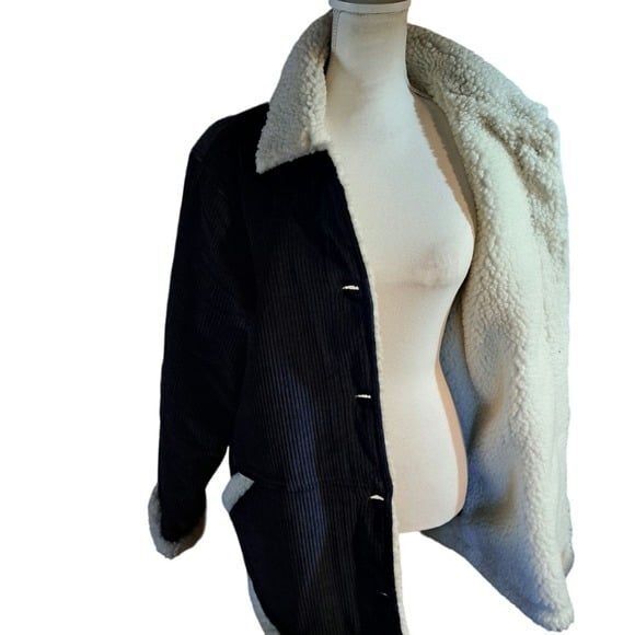 SALE!! Denim & Co Navy Blue Sherpa Lined Corduroy Button Front Jacket Large - Picture 4 of 8